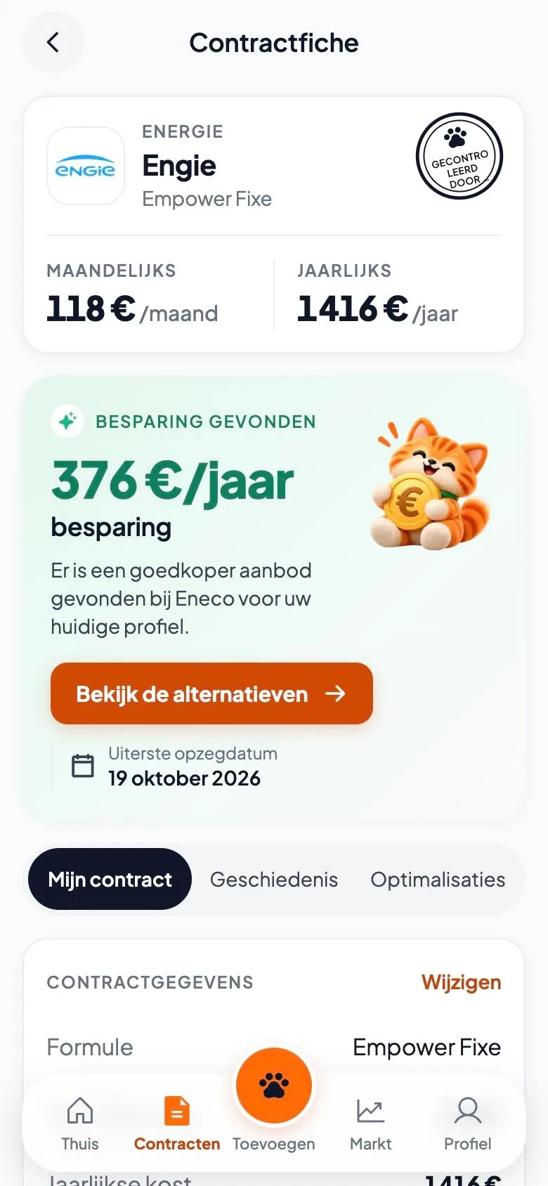 Contractfiche Engie Empower Vast nagekeken door Hugo: 118 € per maand, 376 € mogelijke besparing per jaar, uiterste opzegdatum 19 oktober 2026.