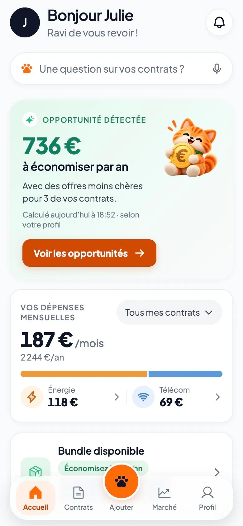 Accueil de l’app : 736 € à économiser par an avec des offres moins chères pour 3 contrats.