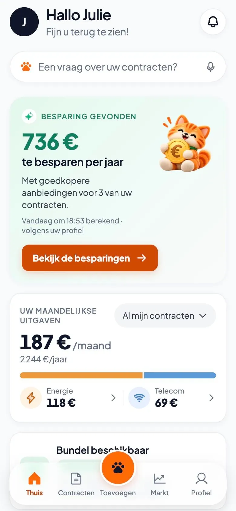 Startscherm van de app: 736 € per jaar te besparen met goedkopere aanbiedingen voor 3 contracten.