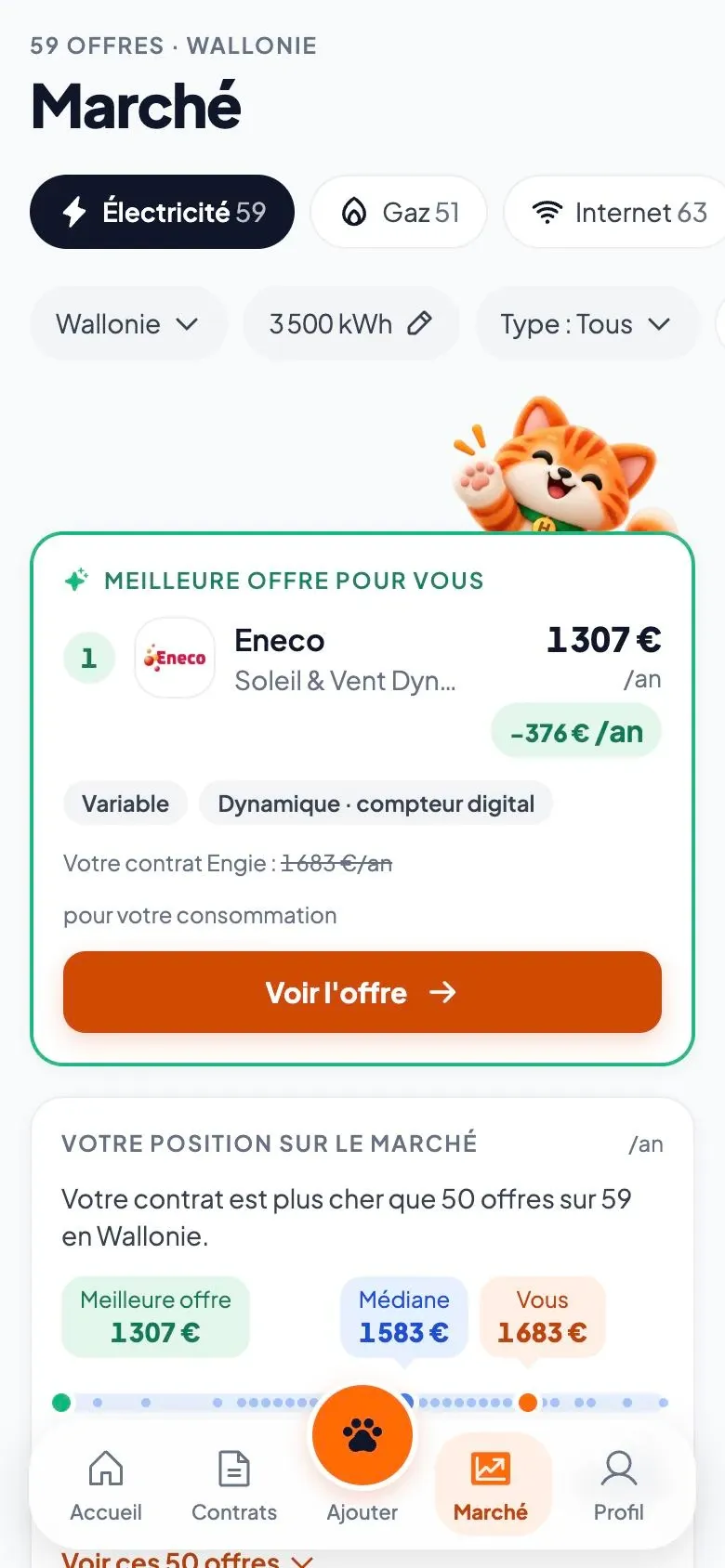 Écran Marché : la meilleure offre, chez Eneco, à 1 307 € par an au lieu de 1 683 €, soit 376 € d’économie.