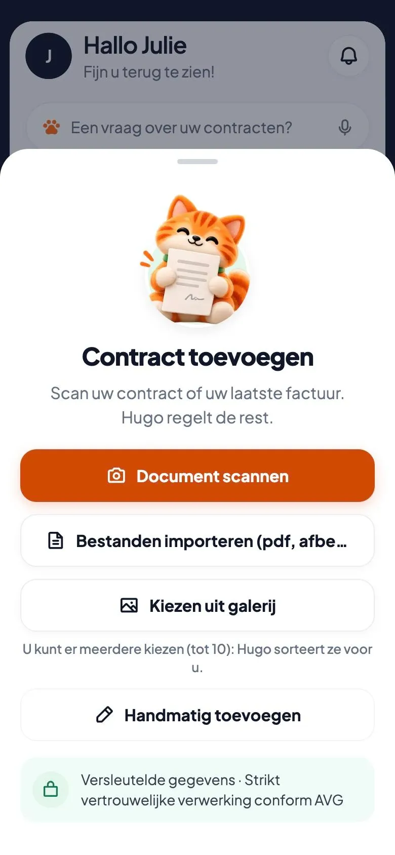 Scherm « Een contract toevoegen »: een document scannen, bestanden importeren, uit de galerij kiezen of manueel toevoegen.